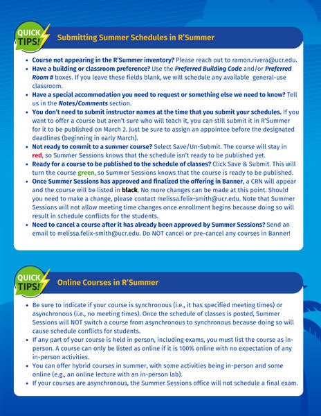 Infographic containing R'Summer Submissions Tips and Information about Online Course Scheduling