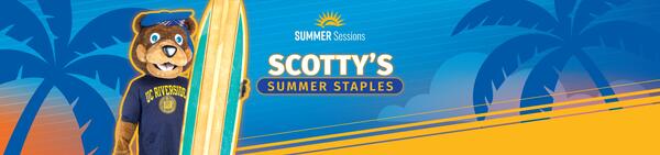 Scotty the Bear appears over a summer-like image with silhouettes of palm trees. Scotty is holding a surf board. The main text reads, "Scotty's Summer Staples."