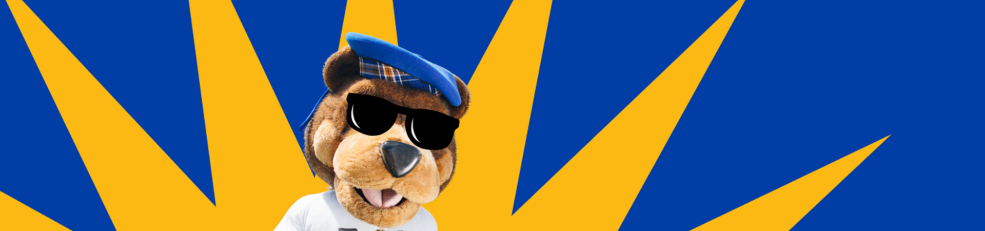 UCR's mascot Scotty wears sunglasses, a blue beret, and an I heart UCR tshirt while standing in front of an illustration of the sun