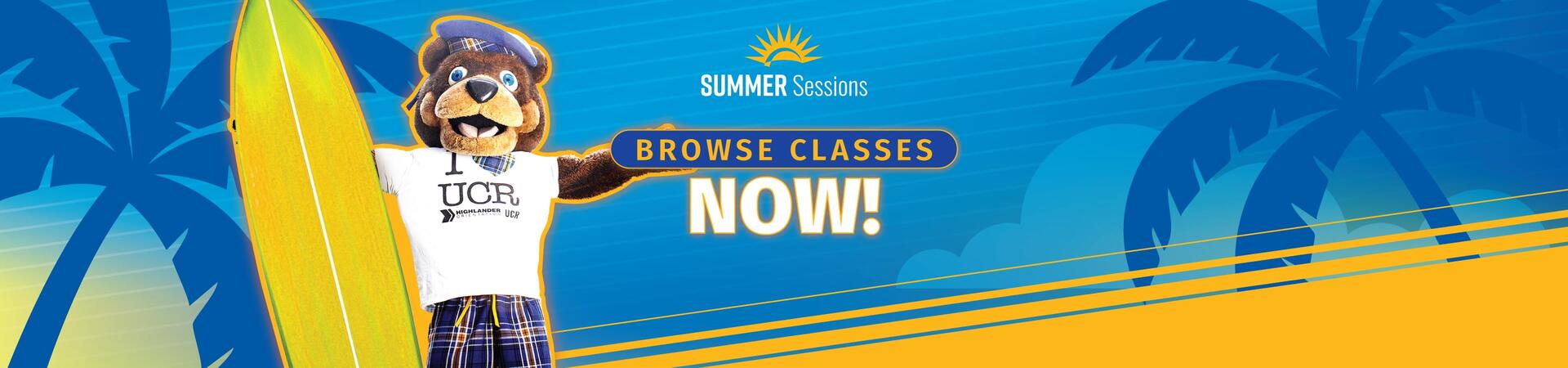 Scotty the Bear appears over a summer-like image with silhouettes of palm trees. Scotty is holding a surf board. The main text reads, "Register Now."