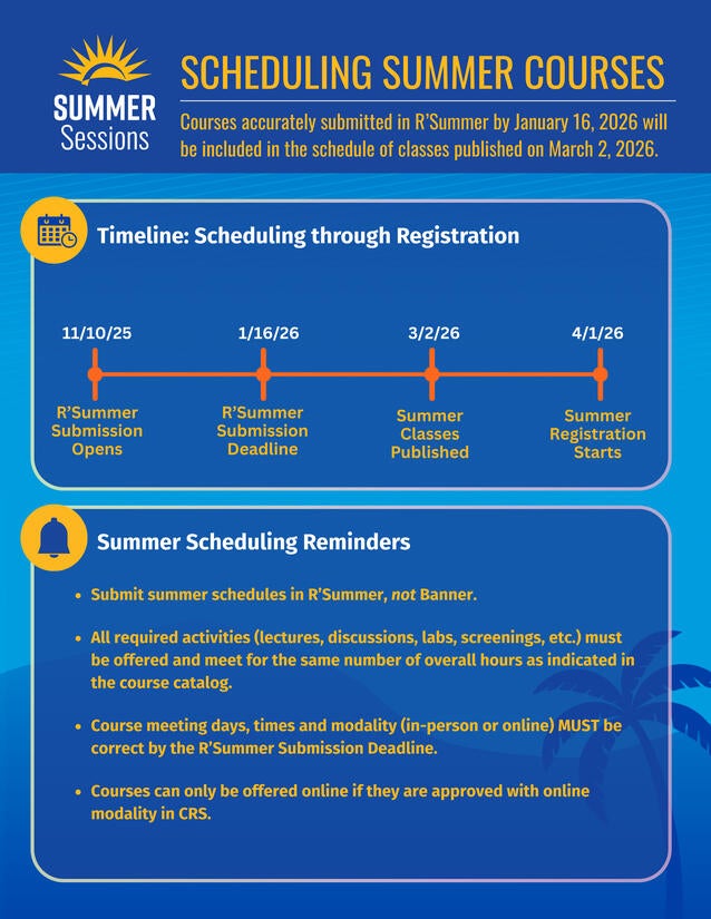 Infographic containing the summer course scheduling timeline and general reminders
