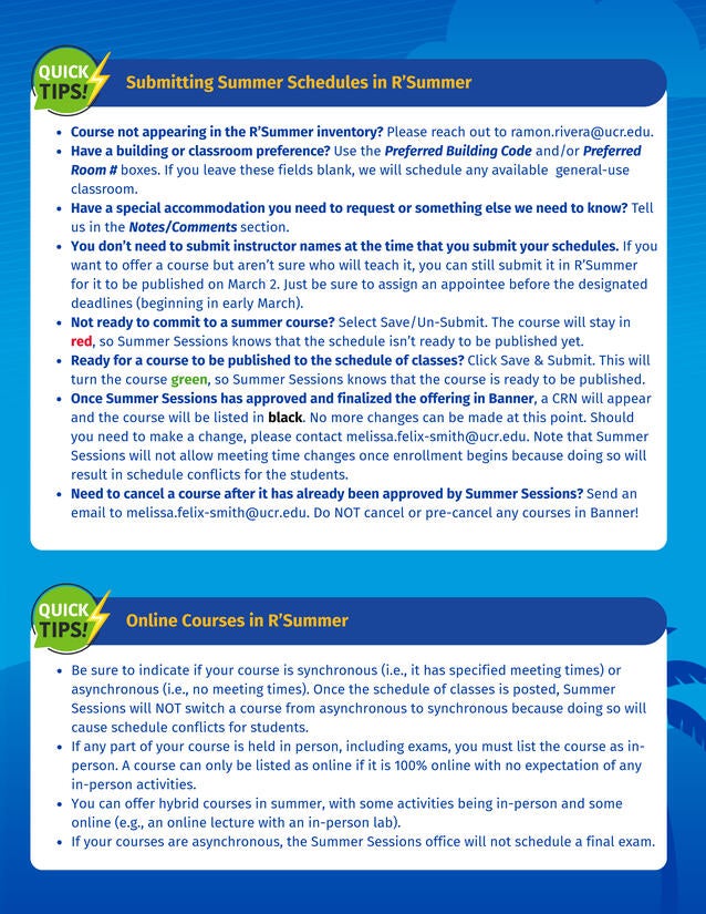 Infographic containing R'Summer Submissions Tips and Information about Online Course Scheduling