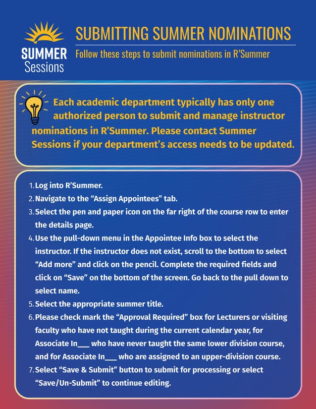 Infographic about submitting Instructor Nominations in R'Summer