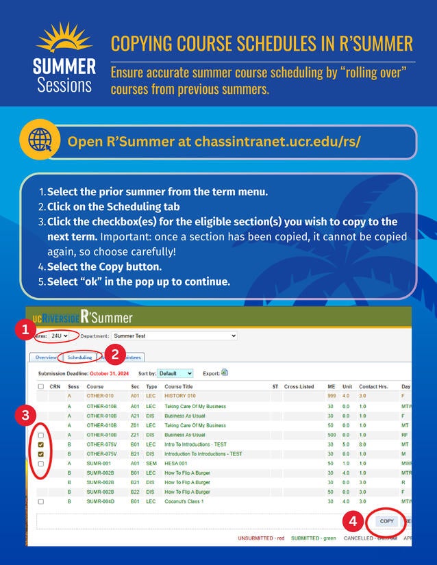 Infographic with steps to copy course schedules in R'Summer