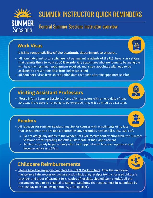 Inforgraphic containing reminders about instructor work visas, childcare reimbursement, and more